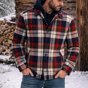 Salt Valley heren geruit wollen overhemdjack / jaren 90 vintage grunge Shacket / sherpa fleece gevoerd jack
