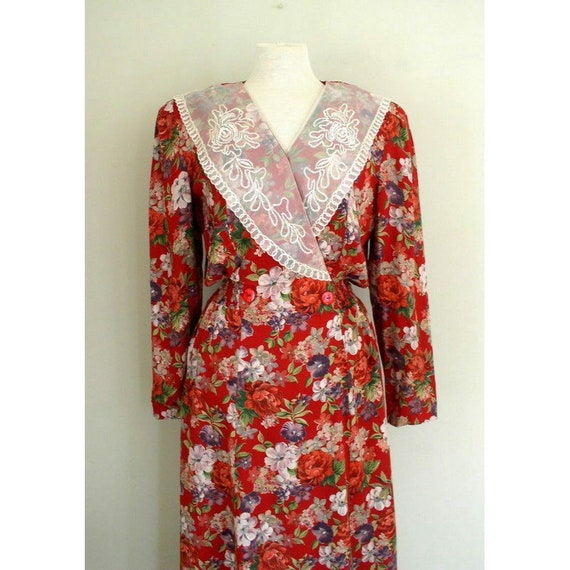 Vintage 90's Cottagecore Dress / Chaus Red Rayon … - image 3