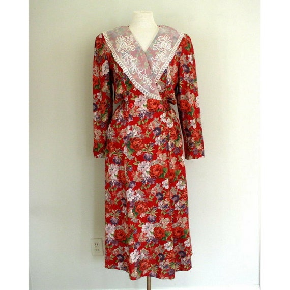Vintage 90's Cottagecore Dress / Chaus Red Rayon … - image 2