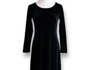 Vestido skater vintage de los años 90 de Moda Int'l, talla X-Small, vestido gótico de terciopelo elástico negro, ajustado y acampanado