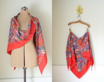 Vintage 1970's Shawl / The Gilded Serpent / 70's Red Boho Floral Challis Wrap