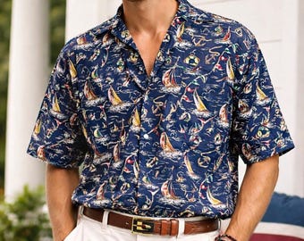 Camisa vintage de hombre Tommy Hilfiger de los años 90 / Talla M / Camisa de campamento con estampado náutico de vela y yates en azul marino