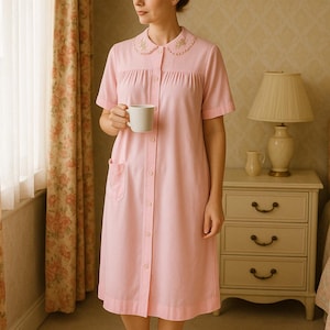 Vintage Katz Women&#39;s House Coat / Size Medium / Pink Nylon Floral Embroidered Nightgown