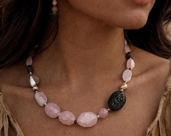 Vintage Peyote Halskette *Vogel für Silpada* / Rosenquarz, Sterling Silber, Perlmutt & Palmholz / Vintage Deadstock