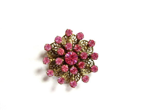 Vintage 1950's Brooch / 50's Pink Rhinestone Flor… - image 1