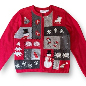 Vintage Women&#39;s Christmas Sweater / Size Medium Petite / Red Embroidered Snowman Xmas Cardigan