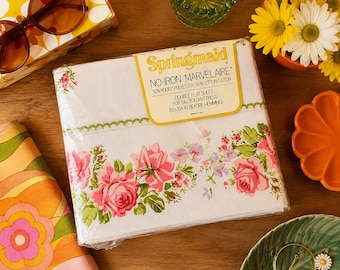 Sábana plana doble de muselina sin planchado Vintage Springmaid Marvelaire / Estampado floral Preludio / Ropa de cama vintage