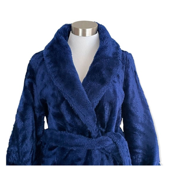 Vintage Navy Blue Faux Fur Robe / Fuzzy Plush Bel… - image 3