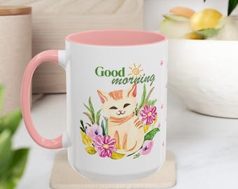 Cat Floral Coffee Mug, Cute Ceramic Tea Cup for Cat Lovers, Gift for Cat Mom Dad, Unique Kitty Lover Present, Cat and Flowers Kitchen Decor,