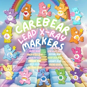 Könnte beinhalten: Ein farbenfrohes Bild mit verschiedenen Care Bears-Charakteren, darunter Share Bear, Cheer Bear und Grumpy Bear. Das Bild enthält den Text "Care Bear Lead X-Ray Markers" und einen Regenbogen. Jeder Bär hat eine andere Farbe.