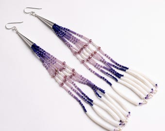 Native-Made Purple Beaded Earrings: Dentalium Shell, Sterling Silver