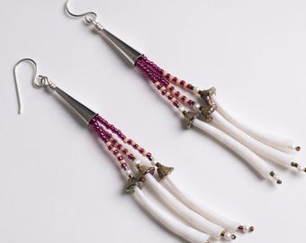 Native-Made Beaded Earrings: Dentalium Shell, Sterling Silver, 4-Inch