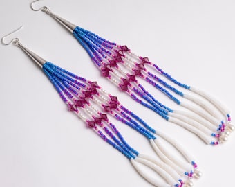 Native-Made Beaded Drop Earrings: Dentalium Shell, Crystal, Pearl, Sterling Silver