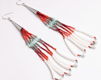 Native-Made Beaded Earrings: Dentalium Shell, Sterling Silver, 6 Inch