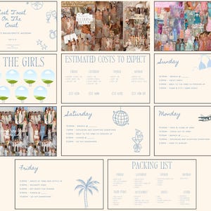 Puede incluir: Una colección de tarjetas de color beige claro con texto e ilustraciones azules. Las tarjetas incluyen texto como "Last Toast On The Coast", "Meet The Girls" y "Packing List". Las ilustraciones incluyen una palmera, una bola de discoteca y equipaje.