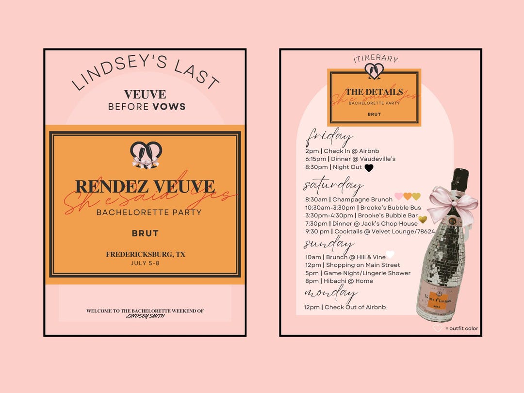 Last Rendez Veuve Bachelorette Party Itinerary | Digital Template ...