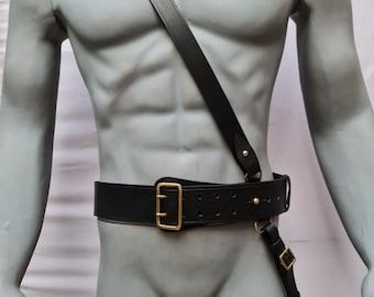 Sam Browne Belt With Crossover Shoulder Strap - Genuine Leather British Military