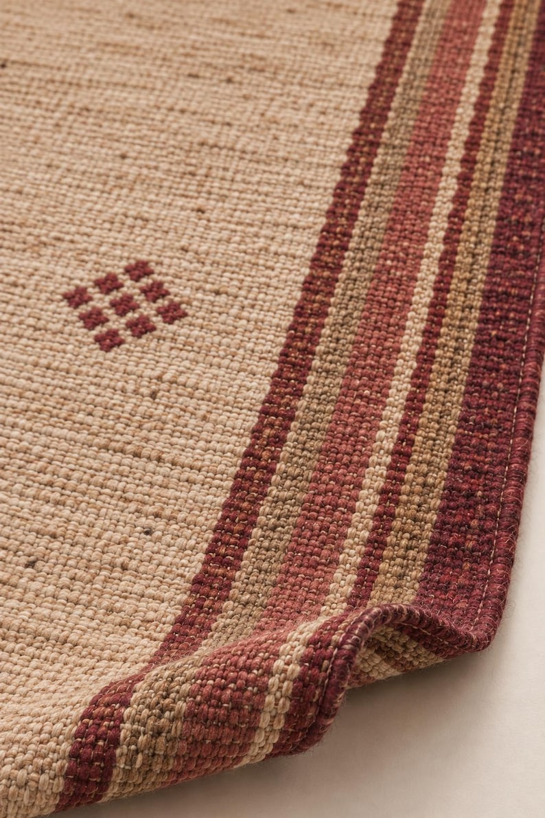 Stair Runner Rug Pattern Beige Wool Stair Runner, Burgundy Striped Border | Handwoven Kilim ...