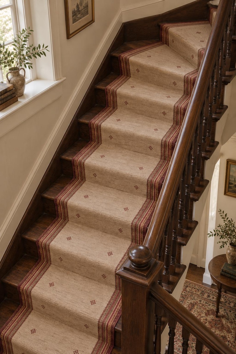Stair Runner Rug Pattern Beige Wool Stair Runner, Burgundy Striped Border | Handwoven Kilim ...