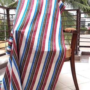 Handwoven Striped Cotton Throw Blanket: Portugal Pink, White & Blue, 120x50