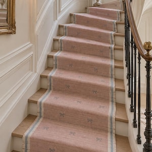 Pink Bow Stair Runner, Blue Striped Border | Handwoven Wool Flatweave Runner Rug | French Country Coquette Hallway Carpet, Custom Length