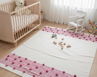 Handgeweven katoenen kelimtapijt, roze Scandinavisch kinderdagverblijftapijt, 4 x 6 ft