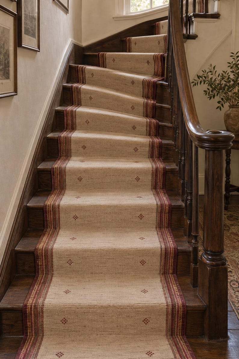 Stair Runner Rug Pattern Beige Wool Stair Runner, Burgundy Striped Border | Handwoven Kilim ...