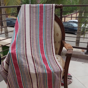 Extra large  Portuguese Blanket in  beige, pink and brown Colourful Striped handwoven cotton blanket 120 x 50 inches,,Cozy Throw, sofa cover