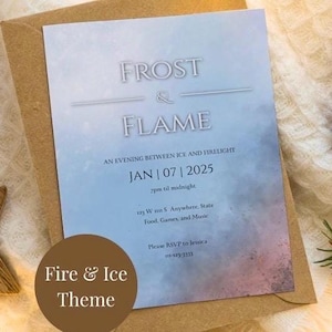Vuur en ijs afdrukbare uitnodiging, Frost and Flame uitnodiging voor volwassen feest, Winter Fantasy Party sjabloon, rood en blauw bewerkbare esthetische uitnodiging