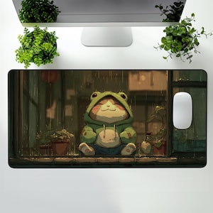 Lofi Desk Mat, Kawaii Gaming Mouse Pad, Cute Cat Deskpad, Lily Pad Themed Laptop Mat, Cute Desk Accessories, Kawaii Desk Decor