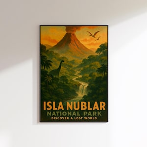 Affiche de voyage Isla Nublar, impression d'art mural île aux dinosaures Style vintage, décoration aventure jurassique, impression mate Fine Art, plusieurs tailles