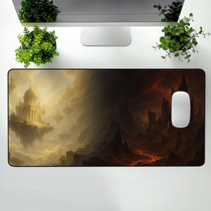 Fantasy Desk Mat, Angel vs Demon Large Gaming Mouse Pad | Dark and Light Aesthetic Desk Pad | Celestial RPG Desk Decor
