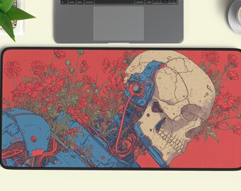 Cyberpunk Skull Mouse Pad: Red Floral Sci-Fi Desk Mat