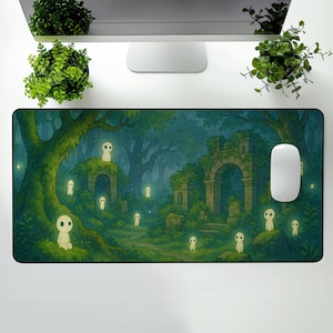 Ghibli-inspirerad skrivbordsmatta med skogsanda: Cottagecore-kontorsinredning