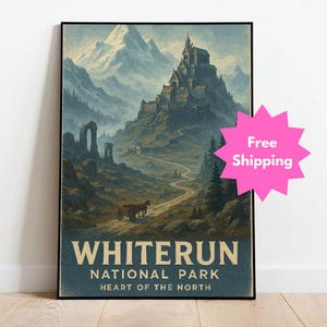 Whiterun Reiseplakat, Vintage-Stil Skyrim Wandkunstdruck, nordisches Abenteuer Dekor, Fine Art Matte Print, verschiedene Größen erhältlich