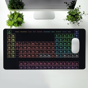 May include: A black mouse mat featuring a colourful periodic table of elements printed on it. The table includes the atomic number, symbol, and name of each element. The mouse mat is a great way to add a touch of science to your desk.