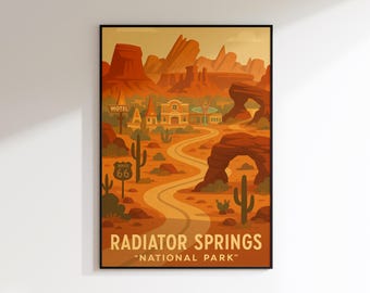 Póster de Radiator Springs, impresión de viaje vintage, arte de coches