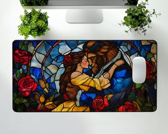 Beauty and the Beast-bureaumat, glas-in-loodontwerp, TCG-speelmat