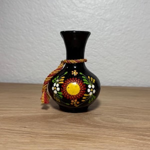 Vintage Handmade Oaxaca Soliflore Vase, Handpainted Mexican Black Clay Pottery