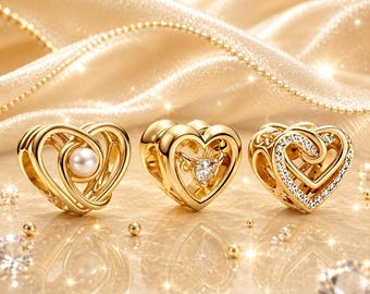 Gold Heart Spacer Charms, Heart Charm Beads For Charm Bracelets, 18K Gold Plated Romantic Jewelry Gift For Her
