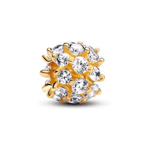 May include: A gold-colored charm with a cluster of clear, round-cut gemstones. The charm has a spherical shape, with the gemstones closely set together. The gold setting has a polished finish, and the gemstones sparkle brightly against the gold.