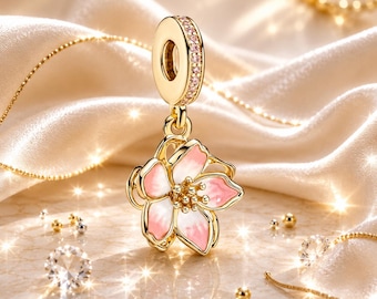 Flower Charm Bead, Cherry Blossom Charm, Sakura Flower Charm, 18K Gold Plated Jewelry, Charm Bracelet Gift For Her