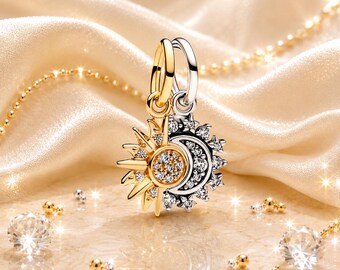 Sun and Moon Charm Bead, Celestial Sun Moon Charm, 18K Gold Plated Sterling Silver Charm, Cosmic Bracelet Charm, Gift for Her