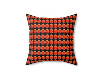 May include: Square throw pillow with a repeating pattern of orange jack-o'-lantern faces on a black background. The Halloween-themed pillow features a classic design, perfect for seasonal home decor.