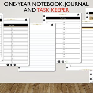 May include: A one-year notebook, journal, and task keeper with a table of contents, note titles, to-do lists, and a 365-day journal with monthly tabs.