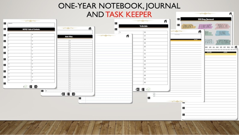 May include: A one-year notebook, journal, and task keeper with a table of contents, note titles, to-do lists, and a 365-day journal with monthly tabs.