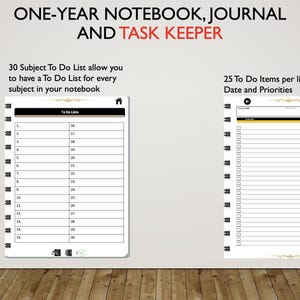May include: A one-year notebook, journal, and task keeper with a black and gold design. The notebook has 30 subject to-do lists, allowing you to have a to-do list for every subject. Each to-do list has 25 items with space for due dates and priorities.