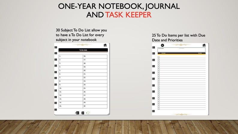 May include: A one-year notebook, journal, and task keeper with a black and gold design. The notebook has 30 subject to-do lists, allowing you to have a to-do list for every subject. Each to-do list has 25 items with space for due dates and priorities.
