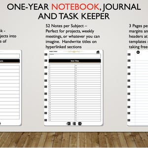 May include: Three images of a black and white notebook with a gold accent. The first image shows a table of contents page with 30 subject headings. The second image shows a page with 52 note titles. The third image shows a blank page with lined paper.