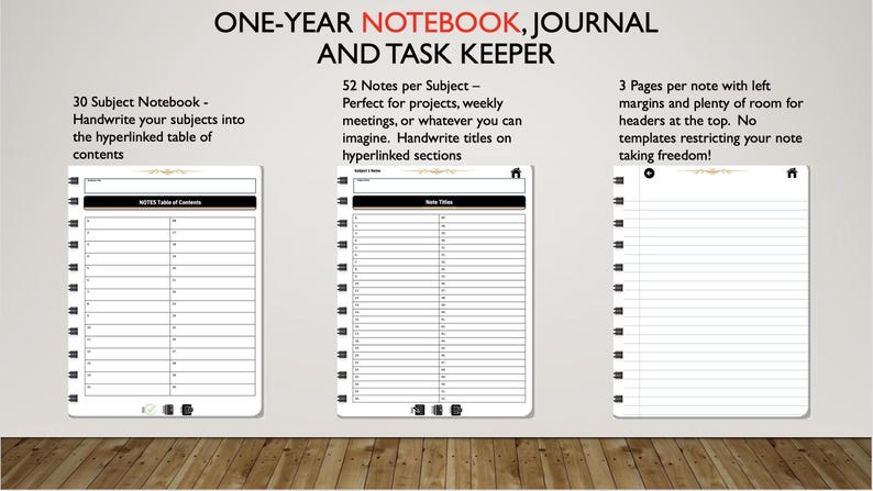 May include: Three images of a black and white notebook with a gold accent. The first image shows a table of contents page with 30 subject headings. The second image shows a page with 52 note titles. The third image shows a blank page with lined paper.